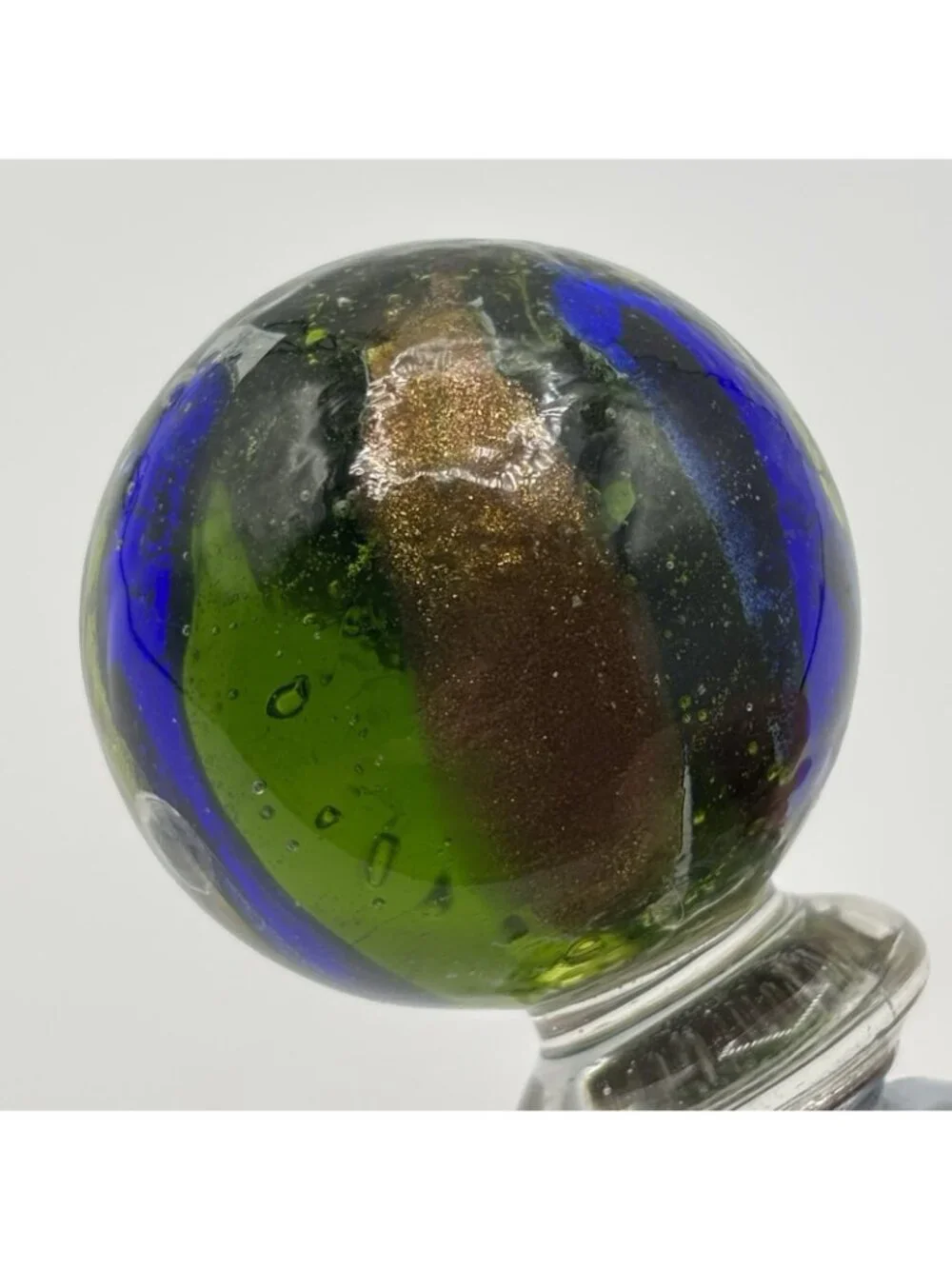 Art Glass Wine Bottle Stopper Topper Green Ball Glossy Bubbles Gold Blue Striped